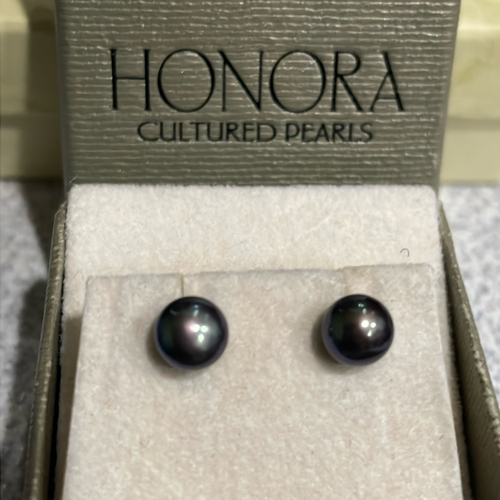 14K Yellow Gold Honora Freshwater Pearl Metallic Black Earrings NWOT - Picture 2 of 4